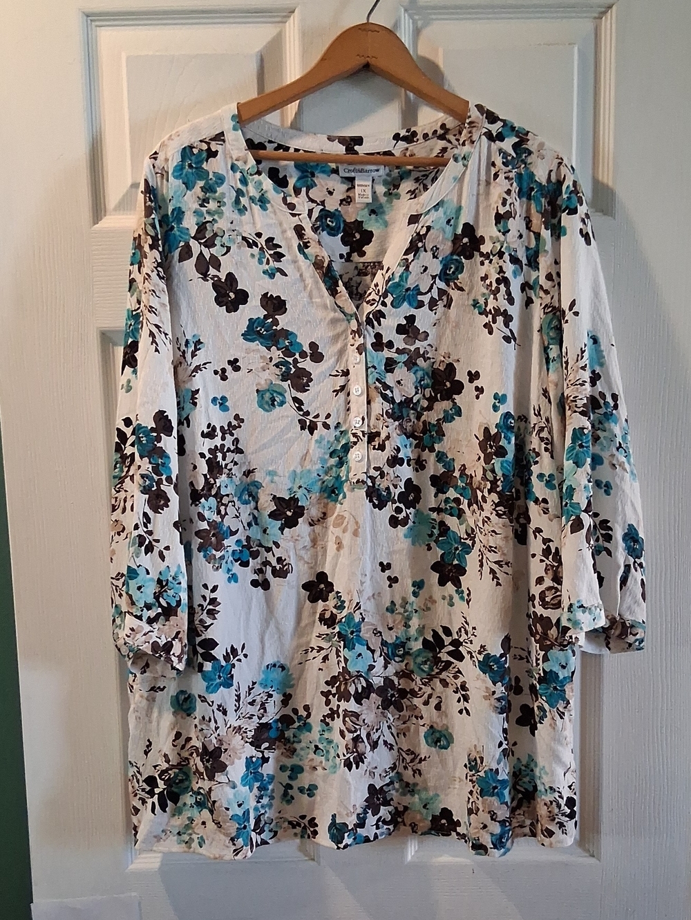 croft & barrow White Floral V-Neck Tunic with Teal & Brown Accents